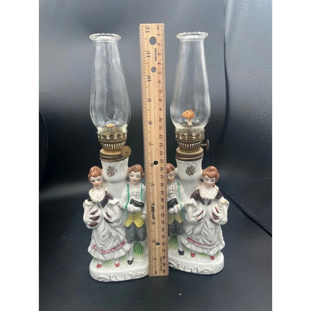 Vintage Pair Japan porcelain oil lamps mid century‎ Mantel Man/Women
